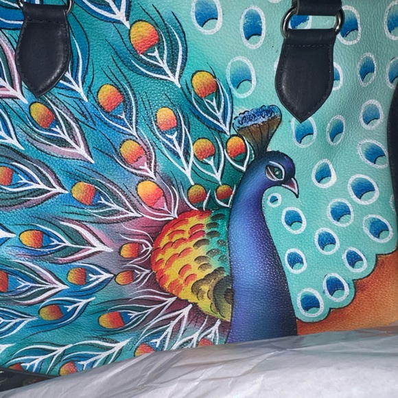 SUKRITI Black Peacock Pattern Genuine Leather Satchel Bag w/ Matching Silk Scarf - Picture 6 of 7